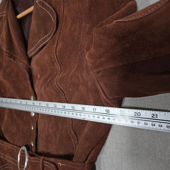 Vintage 70s Women's Brown Belted Suede Leather Jacket Front Snaps Lined Medium - Picture 12 of 13